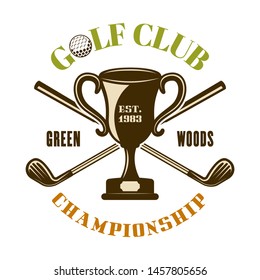 Champion cup and crossed golf sticks vector emblem, badge, label or logo. Vintage colored illustration isolated on white background