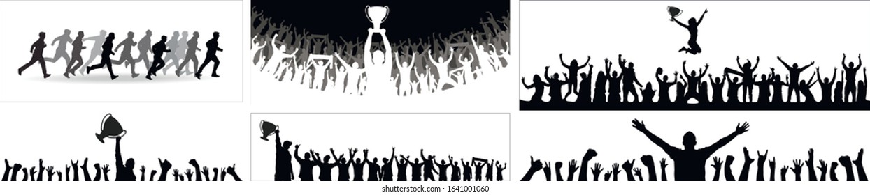 Champion cup european world and crowd many people entertain event playing and happy dancing from party in arena Vector illustration