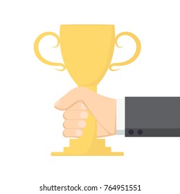 Champion cup gold award achievement. Winner, prize. Trophy in hand. Vector illustration