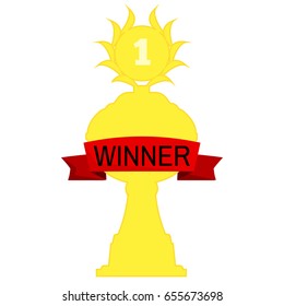 Champion cup in gold with red ribbon and incription winner. Championship prizes for first place. Victory symbols isolated on white background.
