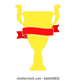Champion cup in gold with red ribbon. Championship prizes for first place. Victory symbols isolated on white background.

