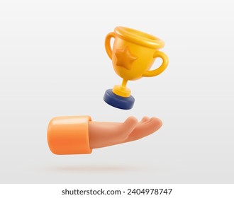 Champion cup in human hand 3d vector illustration. Win prize, first place sport competition design element. Isolated cartoon trophy cup on white background.