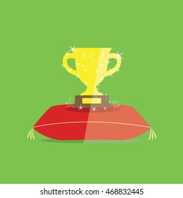 A Champion cup icon on a red pillow vector illustration isolated in a a green background