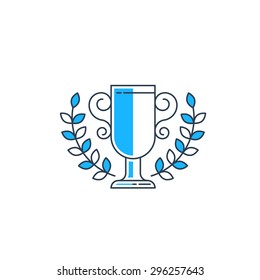 Champion cup with a laurel wreath. Distinction mark. Winner award.