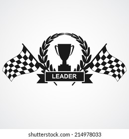  Champion cup and laurel wreath with ribbon, banner and finish flags. vector illustrations