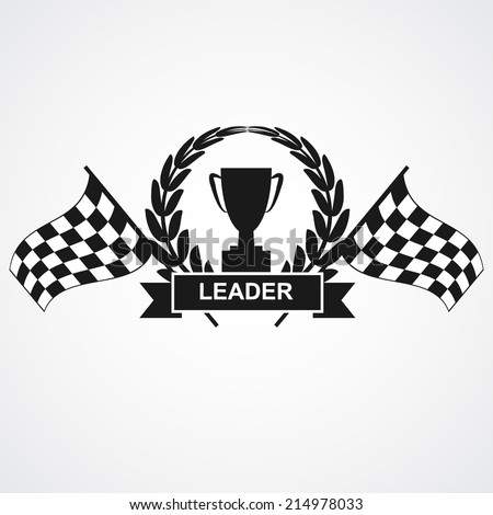  Champion cup and laurel wreath with ribbon, banner and finish flags. vector illustrations