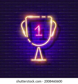 Champion cup neon sign. Victory reward is a glowing icon. Vector illustration for design. Assessment concept