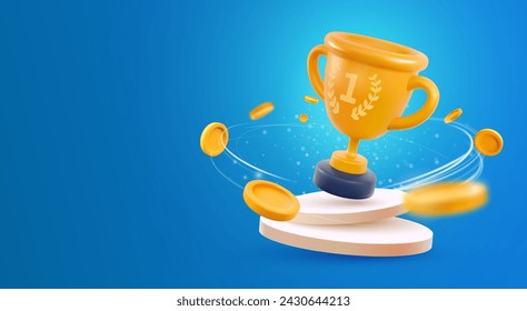 Champion cup on podium 3d vector illustration. Win prize, first place sport competition. Cartoon trophy cup on pedestal with flying coins on blue background.