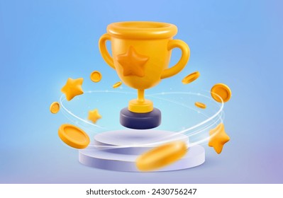 Copa de campeón en podio 3d ilustración vectorial. Ganar el premio, el primer lugar de la competición deportiva. Taza de trofeo de dibujos animados en pedestal con monedas voladoras sobre fondo claro