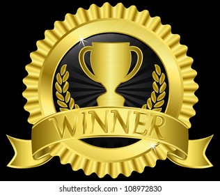 Champion cup sign with golden ribbon, vector illustration