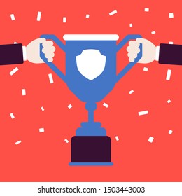 Champion cup trophy in winner hands. Persons win an award, holding first prize given for sport or business tournament. Vector flat style cartoon illustration, confetti background