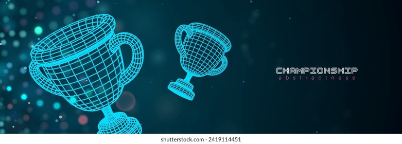 Champion cup vector banner. Meshgrid winner goblet on blur dark background. Three-dimensional bowles. Futuristic HUD cyber championship reward