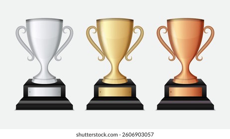 Champion Cup Vector Set: Blank Golden, Silver, and Bronze Trophies – Perfect for Sports Tournament Awards and Victory Designs