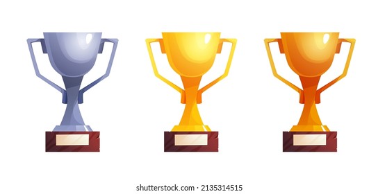 Champion cup, winner trophy. Gold, silver and bronze prizes. Achievement icon for 2d game. Cartoon vector illustration.
