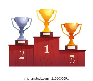 Champion cup, winner trophy. Gold, silver and bronze prizes. Achievement icon for 2d game. Cartoon vector illustration.