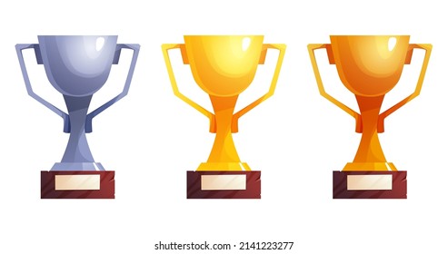 Champion cup, winner trophy. Golden, silver and bronze prizes. Achievement icon for 2d game. Cartoon vector illustration.