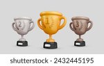 Champion cups collection. Golden, silver, bronze bowls set 3d vector realistic cartoon design element. Sport tournament awards. Champion trophy collection on white background.