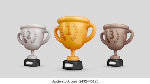 Champion cups collection. Golden, silver, bronze bowls set 3d vector realistic cartoon design element. Sport tournament awards. Champion trophy collection on white background.