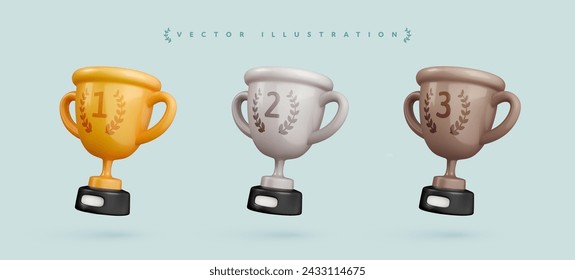 Champion cups collection. Golden, silver, bronze bowls set 3d vector realistic cartoon design element. Sport tournament awards. Champion trophy collection on light background.