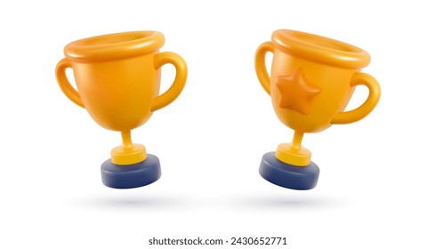 Champion cups set 3d cartoon vector illustration. Win prize, first place sport competition isolated design element. Isolated cartoon trophy cup on white background.