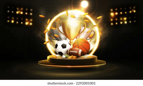 Champion cups  sport balls   falling gold coins in black   gold scene and spotlights  dark poster and sport elements