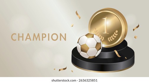 Champion cups, sport balls and falling gold coins in red scene, poster with sport elements
