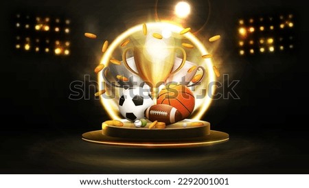 Champion cups, sport balls and falling gold coins in black and gold scene with spotlights, dark poster with sport elements