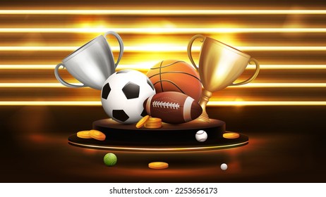 Champion cups and sport balls on gold podium floating in the air in dark scene with gold horizontal line neon wall