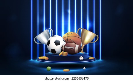 Champion cups   sport balls blue podium floating in the air in dark scene and wall line vertical blue neon lamps background 