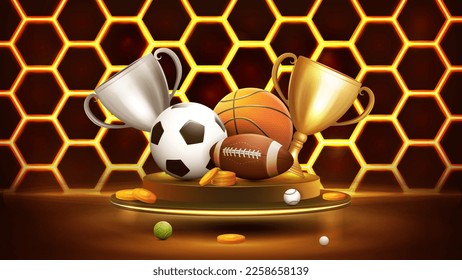 Champion cups   sport balls gold podium floating in the air in dark scene and gold neon honeycombs background