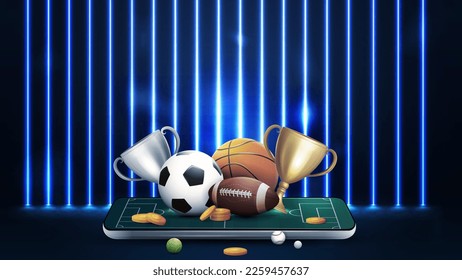 Champion cups   sport balls smartphone in dark scene and wall line vertical blue neon lamps background 