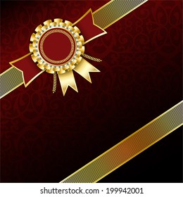 Champion emblem for best quality. Square vector black with red pattern background, with holiday golden badge and band. 