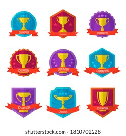 Champion emblem. Vector badge, label, emblem, sticker to award champion. Golden trophy cup goblet, star and ribbon design. Championship league logotype illustration. Isolated icon set on white