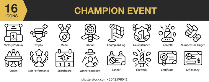 Champion Event icon set. Includes event, champion, game, sport, championship, and More. Outline icons vector collection.