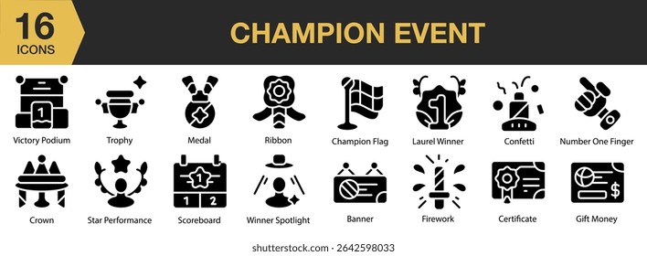 Champion Event solid icon set. Includes event, champion, game, sport, championship, and More. Solid icons vector collection.