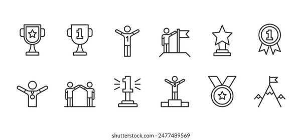 Champion, first place - flat line icons set, editable stroke, vector eps10 illustration