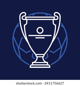 Champion Fußball-Liga weiße Trophäe mit hellblauem Sternball auf dunklem Hintergrund alternative Logo oder Symbol. Fußball-Symbol.