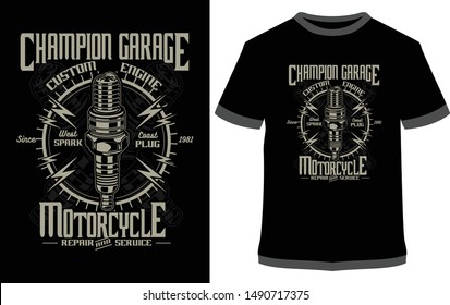 Champion Garage - Custom Engine Motorcycle - vector graphic typographic poster. Vintage motorcycle label, badge, logo, icon or t-shirt