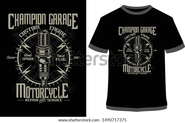 Champion Garage - Custom Engine Motorcycle -\
vector graphic typographic poster. Vintage motorcycle label, badge,\
logo, icon or t-shirt