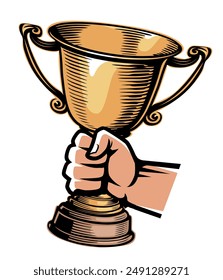 Champion gold cup, trophy in raised hand. Winner, leader, goal achievement symbol. Vector illustration