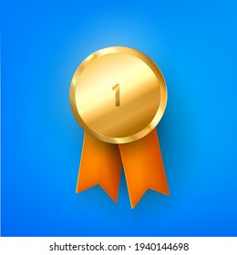 Champion gold medal with orange ribbon.  winner trophy, golden medal ,sport ,best  ,coin ,prize,first place, number one vector.