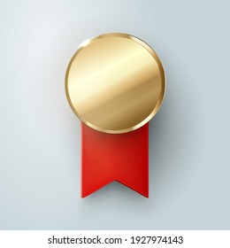 Champion gold medal.  winner trophy, golden medal ,sport , first, best , red ribbon ,coin ,prize, vector .