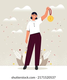 Champion With Gold Medal. Woman Showing First Place Award, Competition Winner, Best Employee. Award Ceremony, Success, Victory And Achievement. Girl Celebrating. Cartoon Flat Vector Illustration