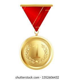 Champion Gold Medals Set Vector. Metal Realistic 1st Placement Winner Achievement. Number One. Round Medal With Red Ribbon. Relief Detail. Best Challenge Award. Sport Competition Game Golden Trophy