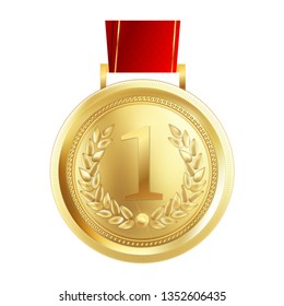 Champion Gold Medals Set Vector. Metal Realistic 1st Placement Winner Achievement. Number One. Round Medal With Red Ribbon. Relief Detail. Best Challenge Award. Sport Competition Game Golden Trophy