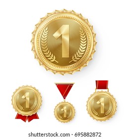 Champion Gold Medals Set Vector. Metal Realistic 1st Placement Winner Achievement. Number One. Round Medal With Red Ribbon. Relief Detail. Best Challenge Award. Sport Competition Game Golden Trophy