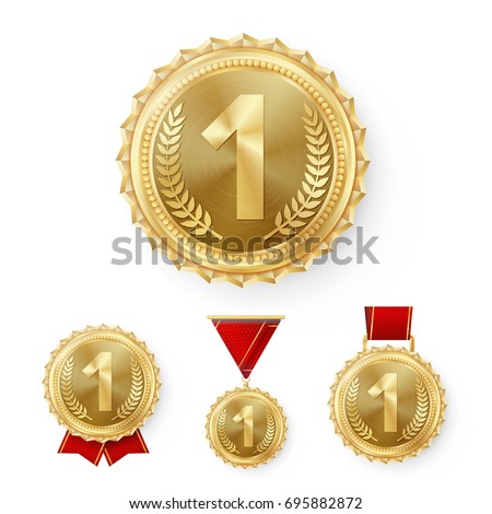 Champion Gold Medals Set Vector. Metal Realistic 1st Placement Winner Achievement. Number One. Round Medal With Red Ribbon. Relief Detail. Best Challenge Award. Sport Competition Game Golden Trophy