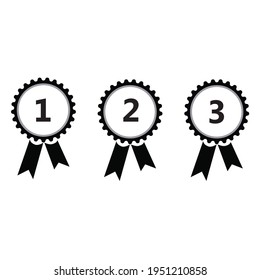 Champion gold, silver and bronze award trophy medals with ribbons for winner. Honor prize.