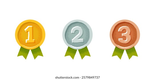 Champion gold, silver and bronze award medals with green ribbons isolated on white background