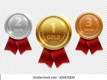 Champion gold, silver and bronze award medals with red ribbons